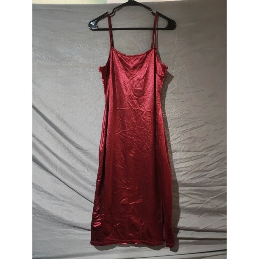 Cosmic Beauty Womens L Burgundy Metallic Shimmer Spaghetti Strap Bodycon Dress